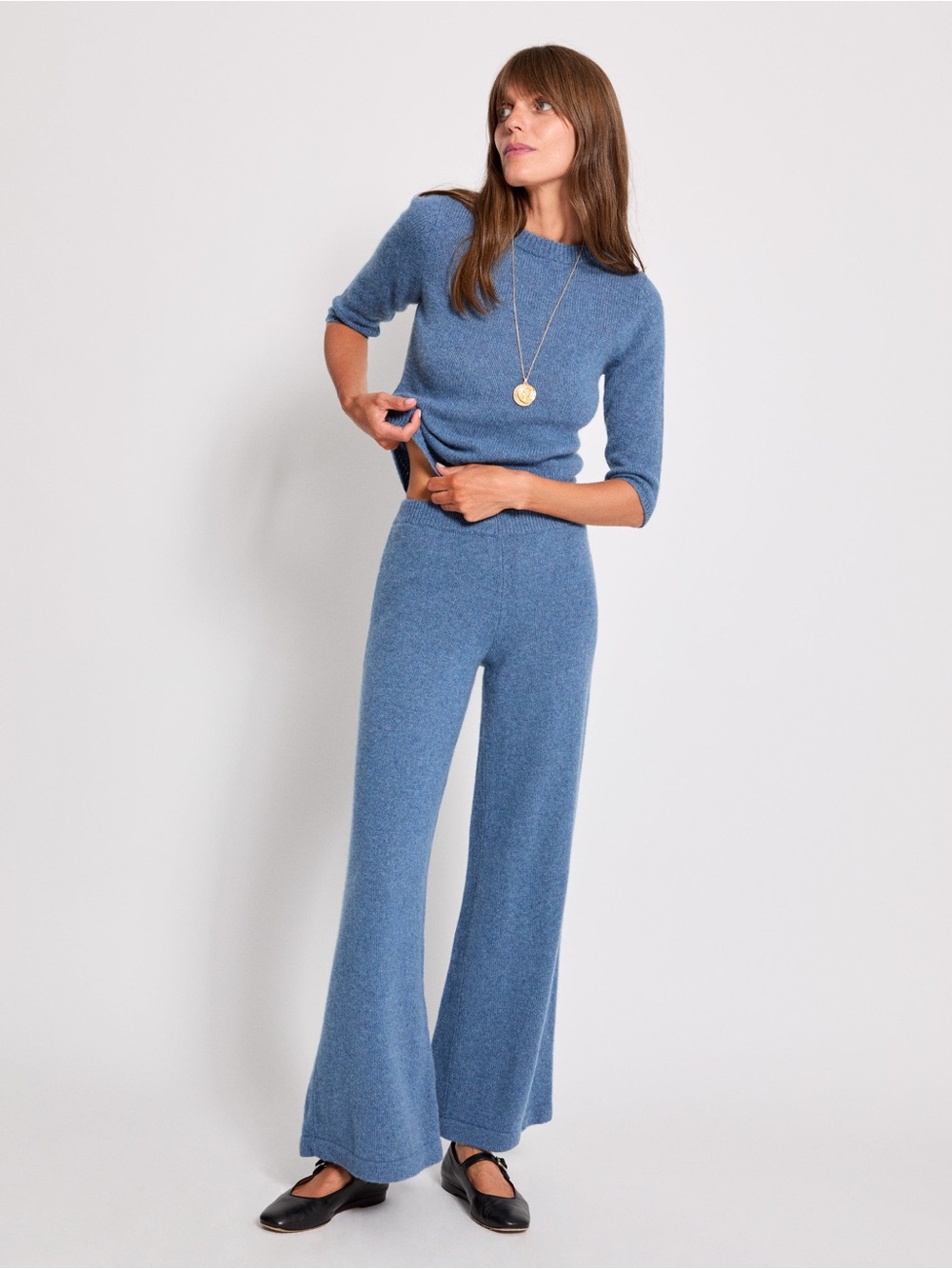 Suzi Kondi Dusty Blue Wide-Leg Knit Pants Zephyra Pants in Cashmere